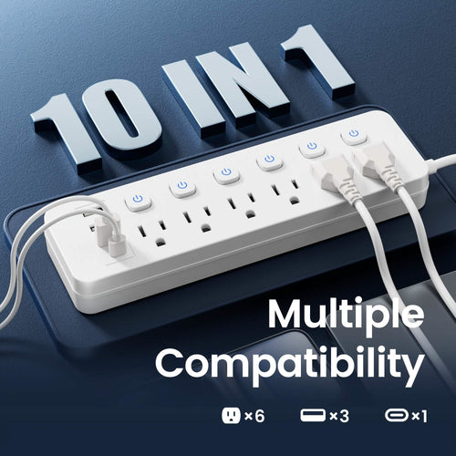 10-in-1 Multi-Outlet Power Strip – 6 AC, 3 USB-A, 1 Type-C