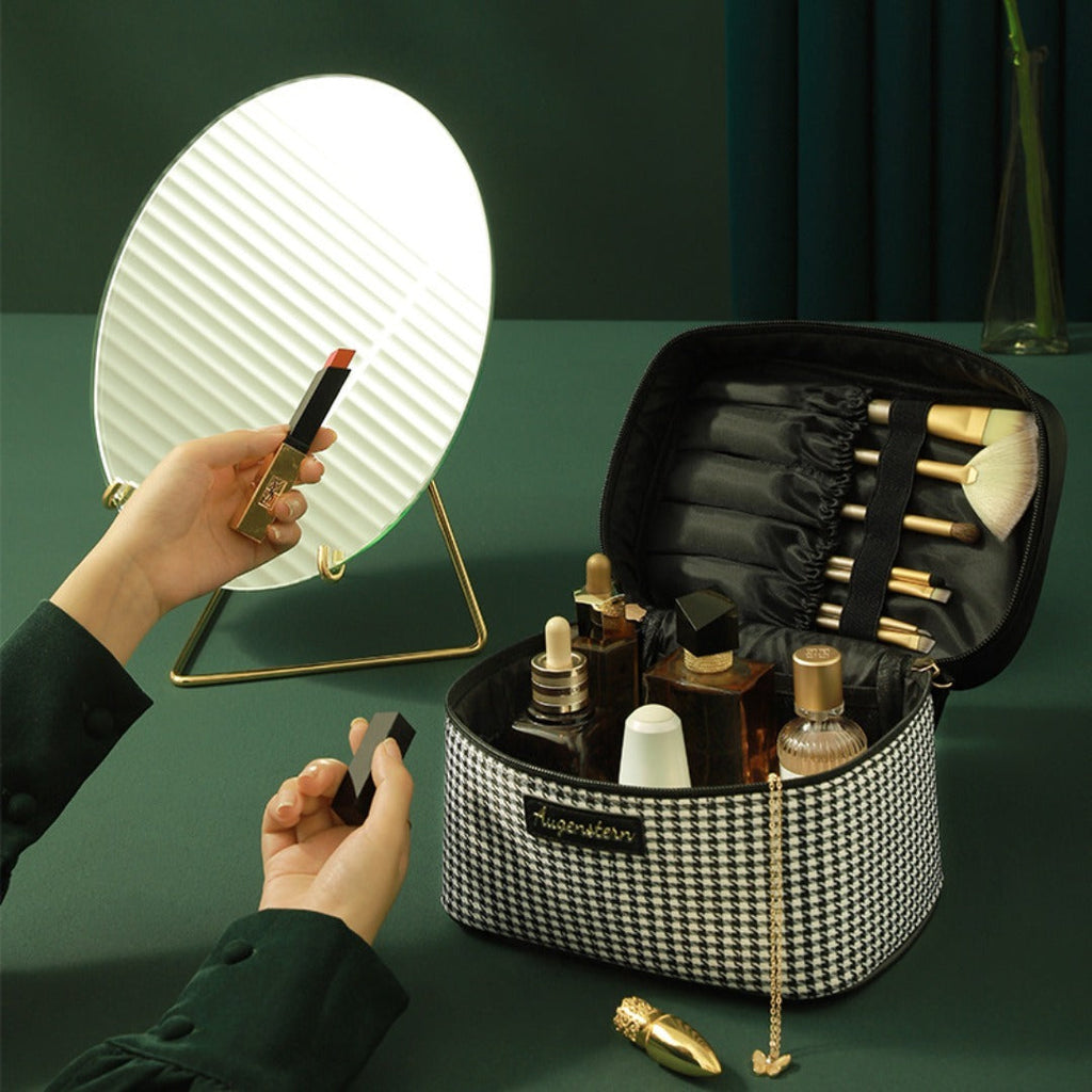 Multifunctional PU thousand bird grid cosmetic bag, portable cosmetic case, large capacity storage bag cosmetics, storage box, makeup bag with compartments,