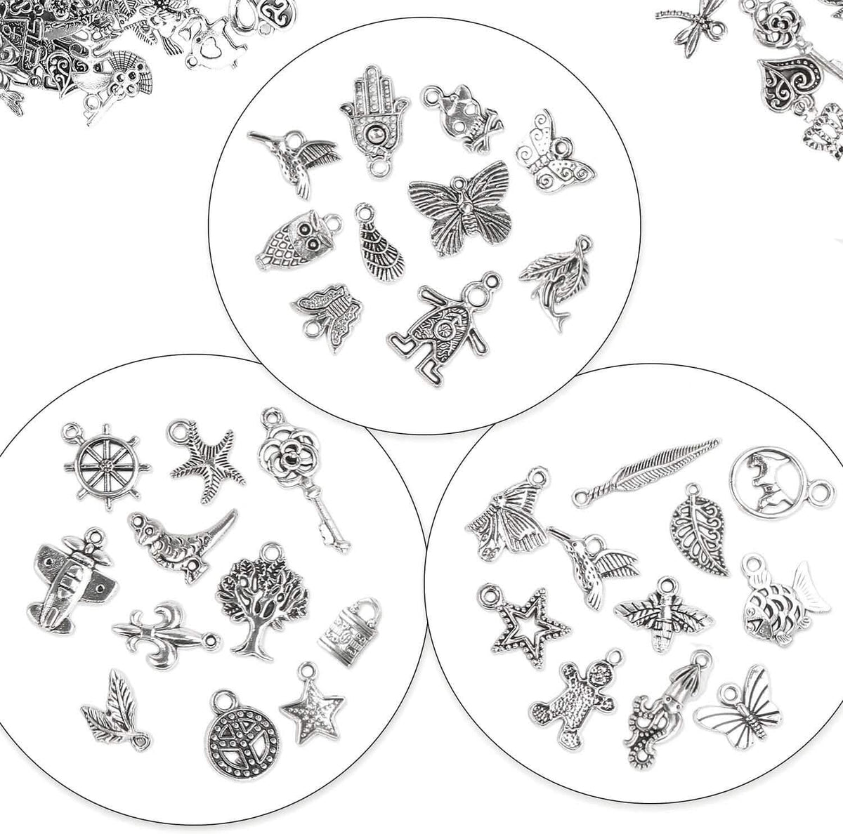 50-Pieces: Silver Charms for Jewelry Making Wholesale Bulk Tibetan Silver Charm Pendants for DIY Necklace Bracelet Earring Craft Supplies