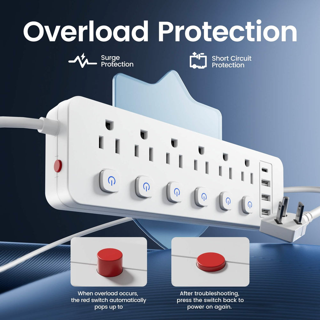 10-in-1 Multi-Outlet Power Strip – 6 AC, 3 USB-A, 1 Type-C