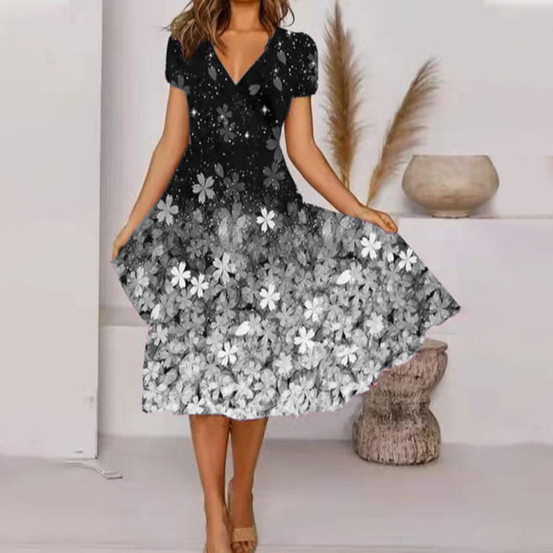 V Neck Bohemian Print Short Sleeve Dress - Flowy Casual Summer Dress with Elastic Waist