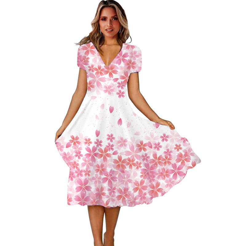 V Neck Bohemian Print Short Sleeve Dress - Flowy Casual Summer Dress with Elastic Waist