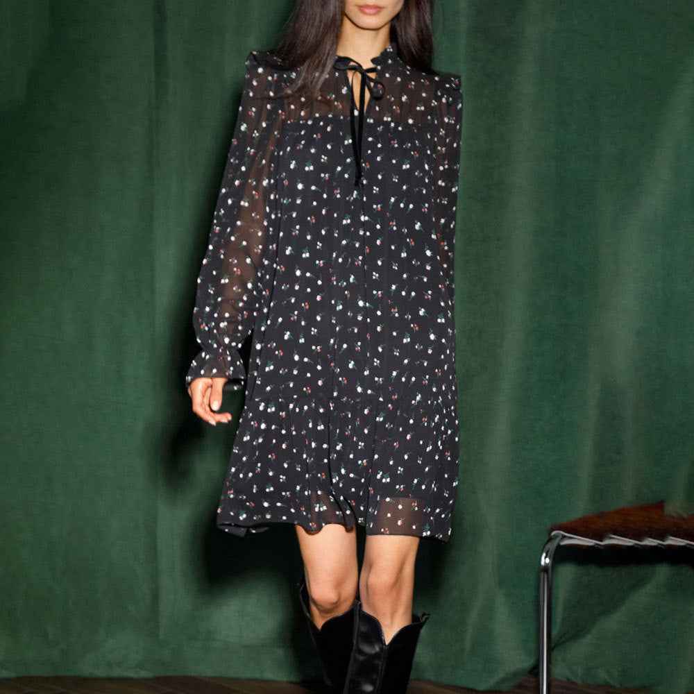 Chiffon floral dress neckline ruffle strap splicing horn skirt Pleated Mini Dress Lace Up Ruffle