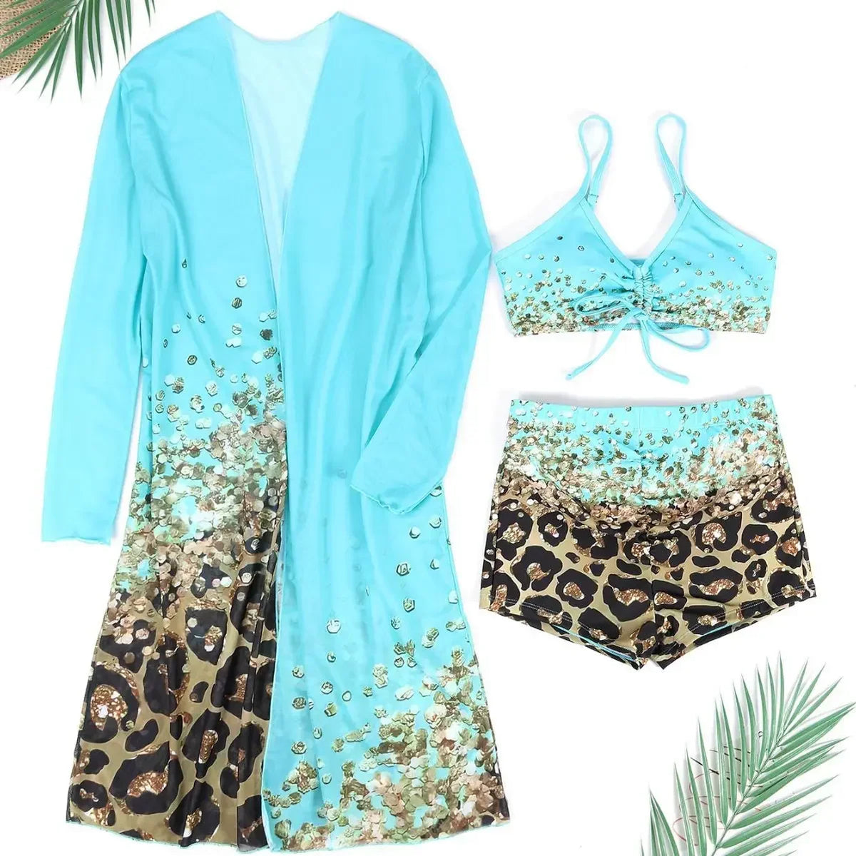 Women Bathing Suit  Print Leopard Bikinis 3 Pieces Swimsuit Kimono High Waist Bikini Shorts Long Sleeve Beach Cover Up Swimwear
