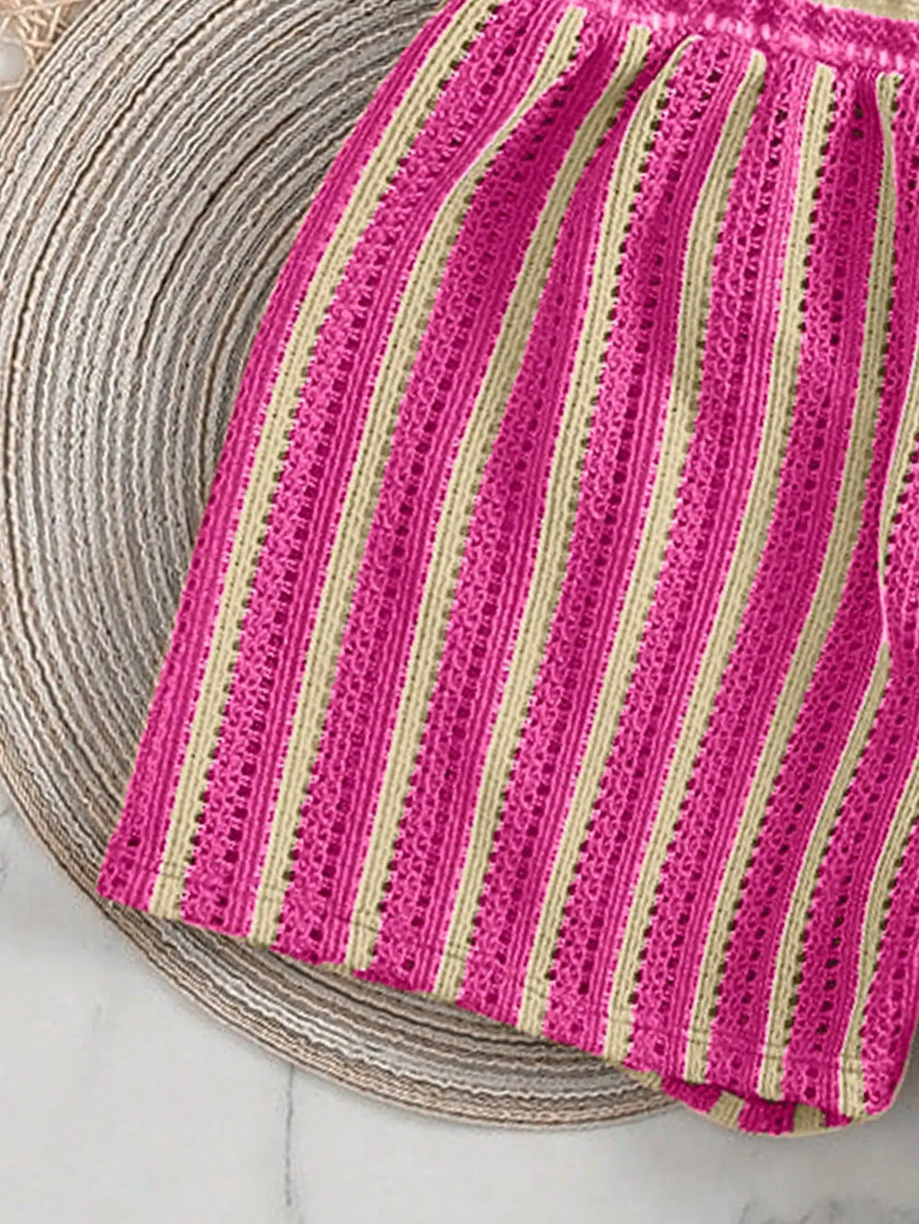 New Retro 3 Pieces Knitted Mesh String Bikini Set Swimsuit Women Blue Striped Swimwear with Shorts Beach Wear Boho Bathing Suit