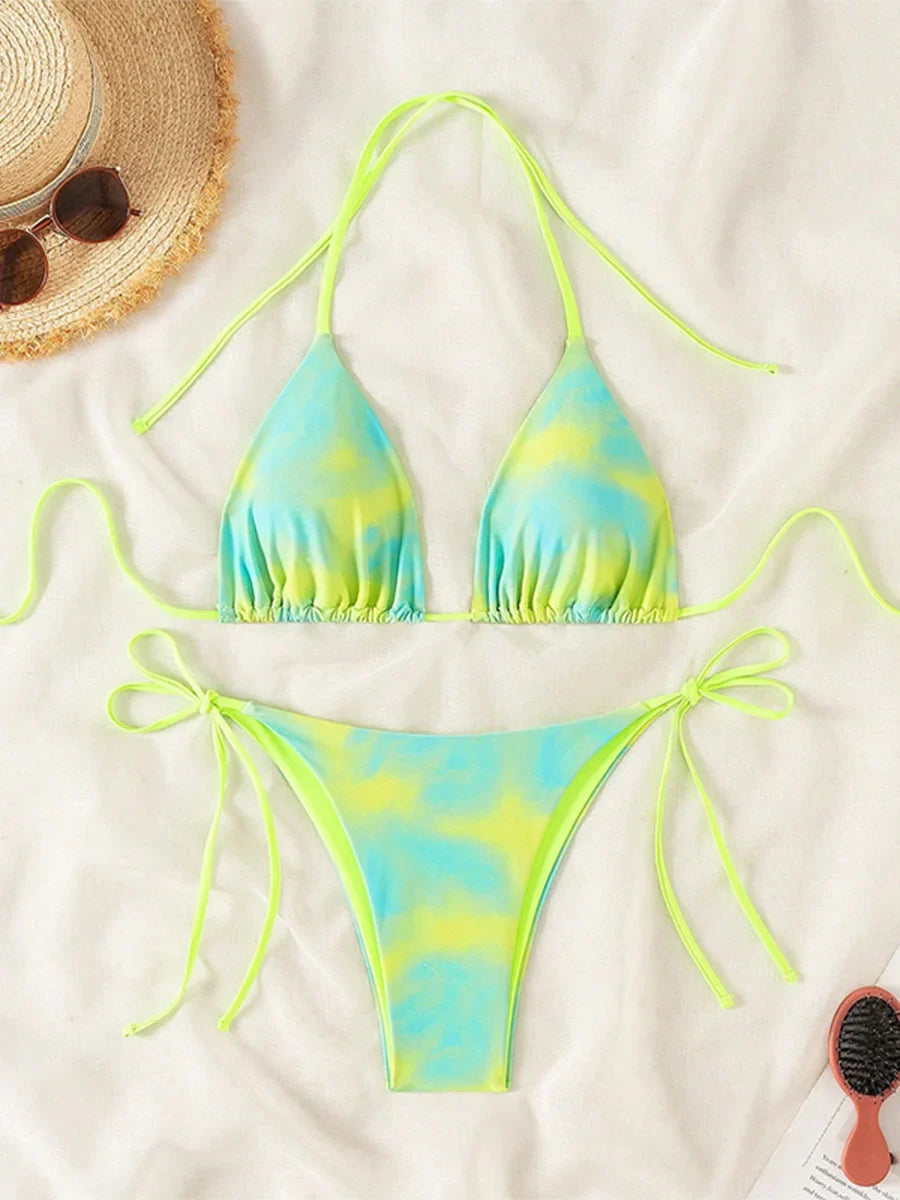 Tie Dye Bikins 2025 Mini Micro String Bikini Women Swimwear Female Swimsuit Two Pieces Bikini Set Halter Bathing Suit Swim Lady