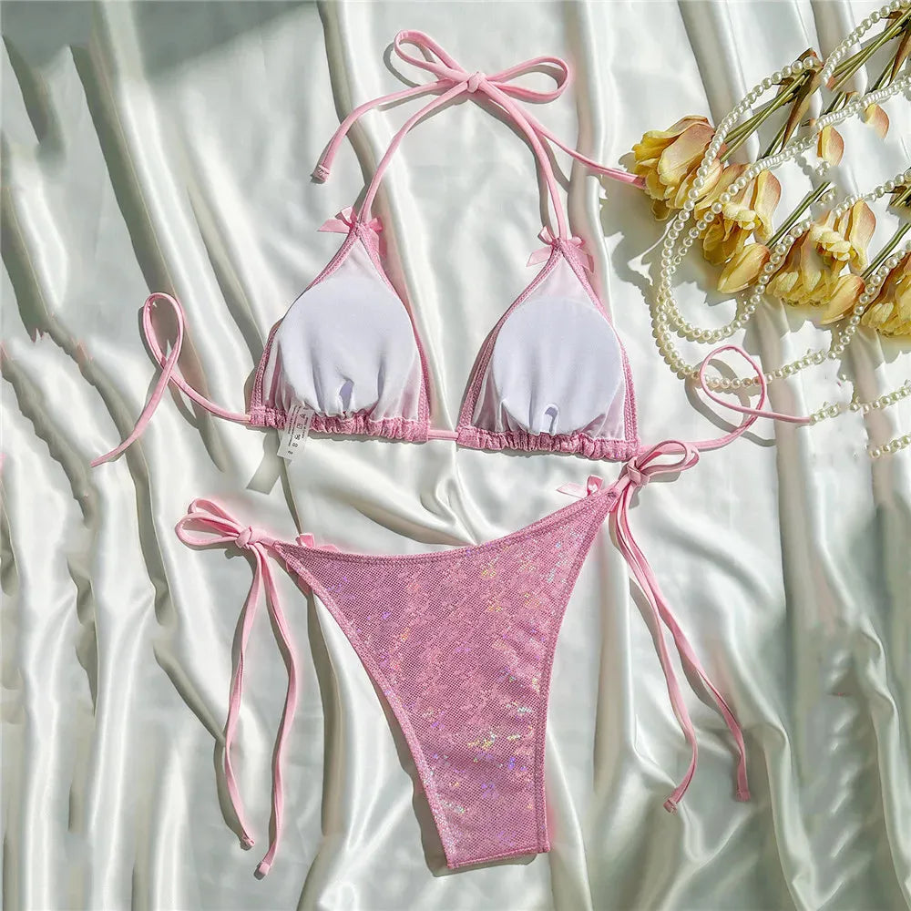 Yellow Halter String Triangle Micro Bikini Thong Solid Swimwears Bow Pearl Sexy Swimsuit Women Bathing Suit Bikinis Sets 2026