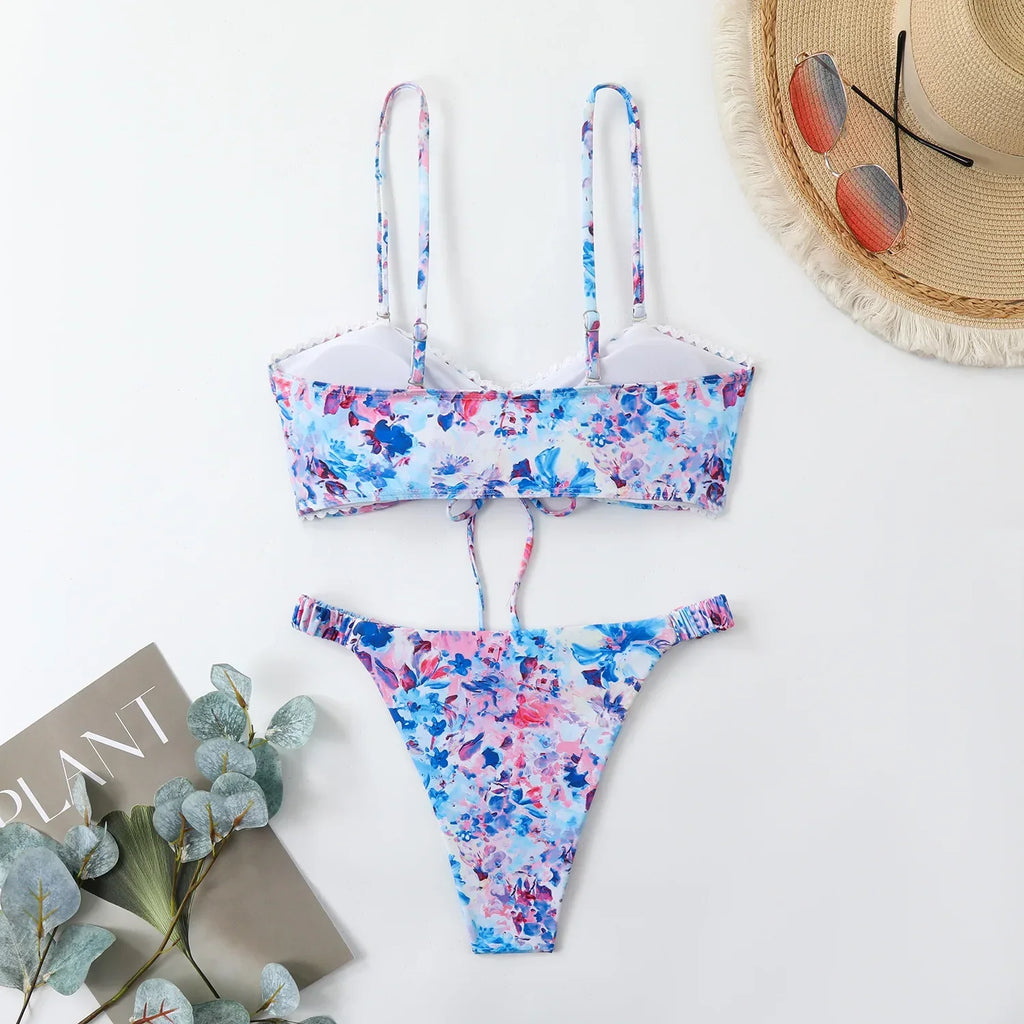 New Sexy Floral Print Bandeau Bikini 2026 Women Swimwear Female Swimsuit Two Pieces Thong Bikini Set Bather Bathing Suit Beach