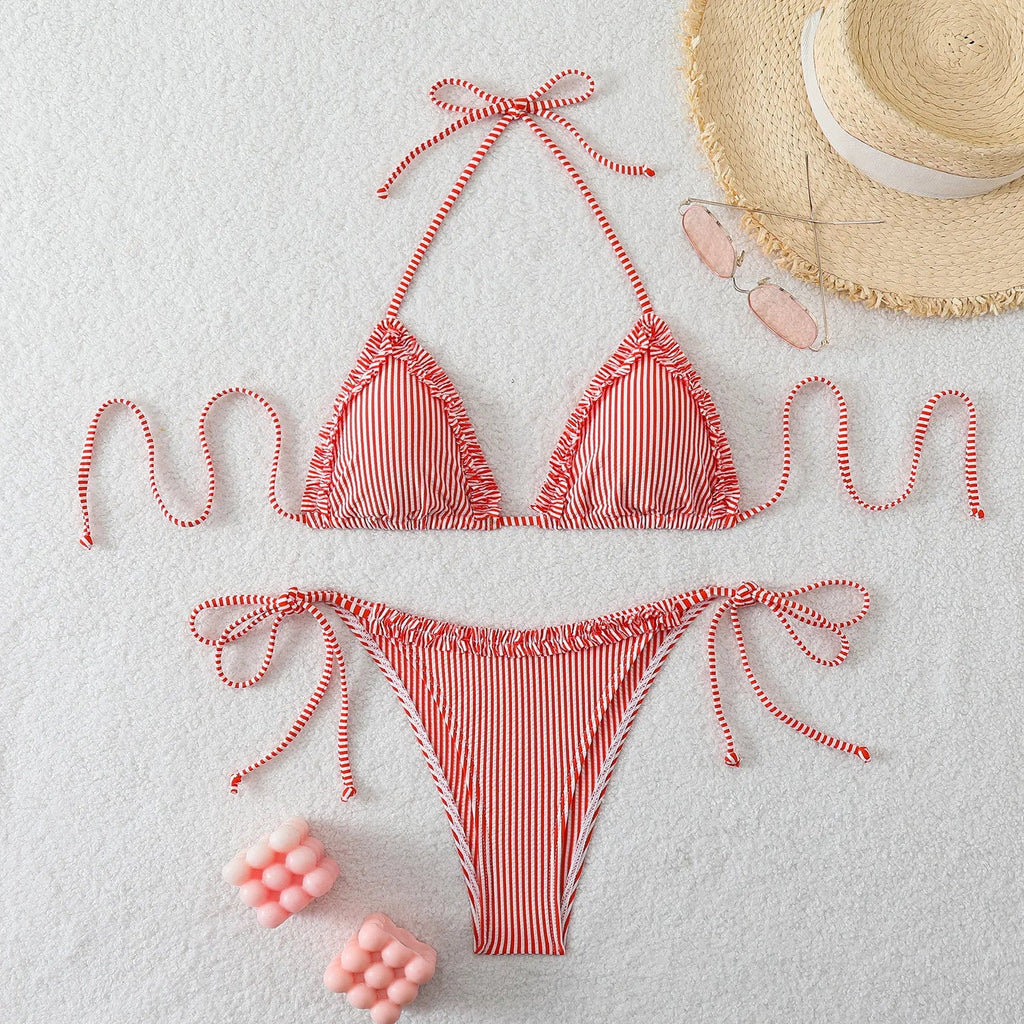 New Sexy Blue Striped String Bikinis Two Pieces Swimsuit Women Swimwear Halter Beach Wear Swim Bathing Suits Frill Bikini Set