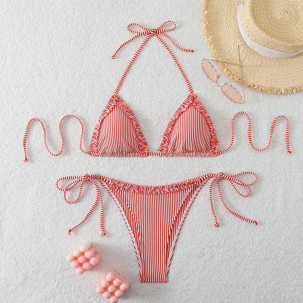 New Sexy Blue Striped String Bikinis Two Pieces Swimsuit Women Swimwear Halter Beach Wear Swim Bathing Suits Frill Bikini Set