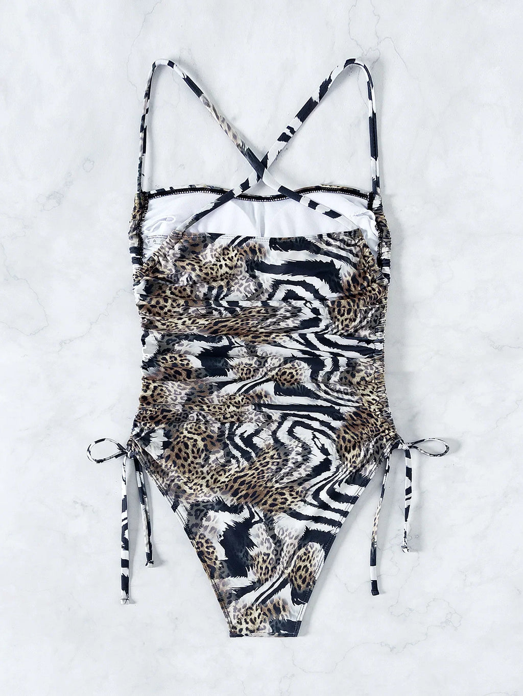 Sexy Leopard Swimwear Women Bandeau One Piece Swimsuit Beach Wear Drawstring Criss Cross Swimming Bathing Suit Bodysuit Monokini