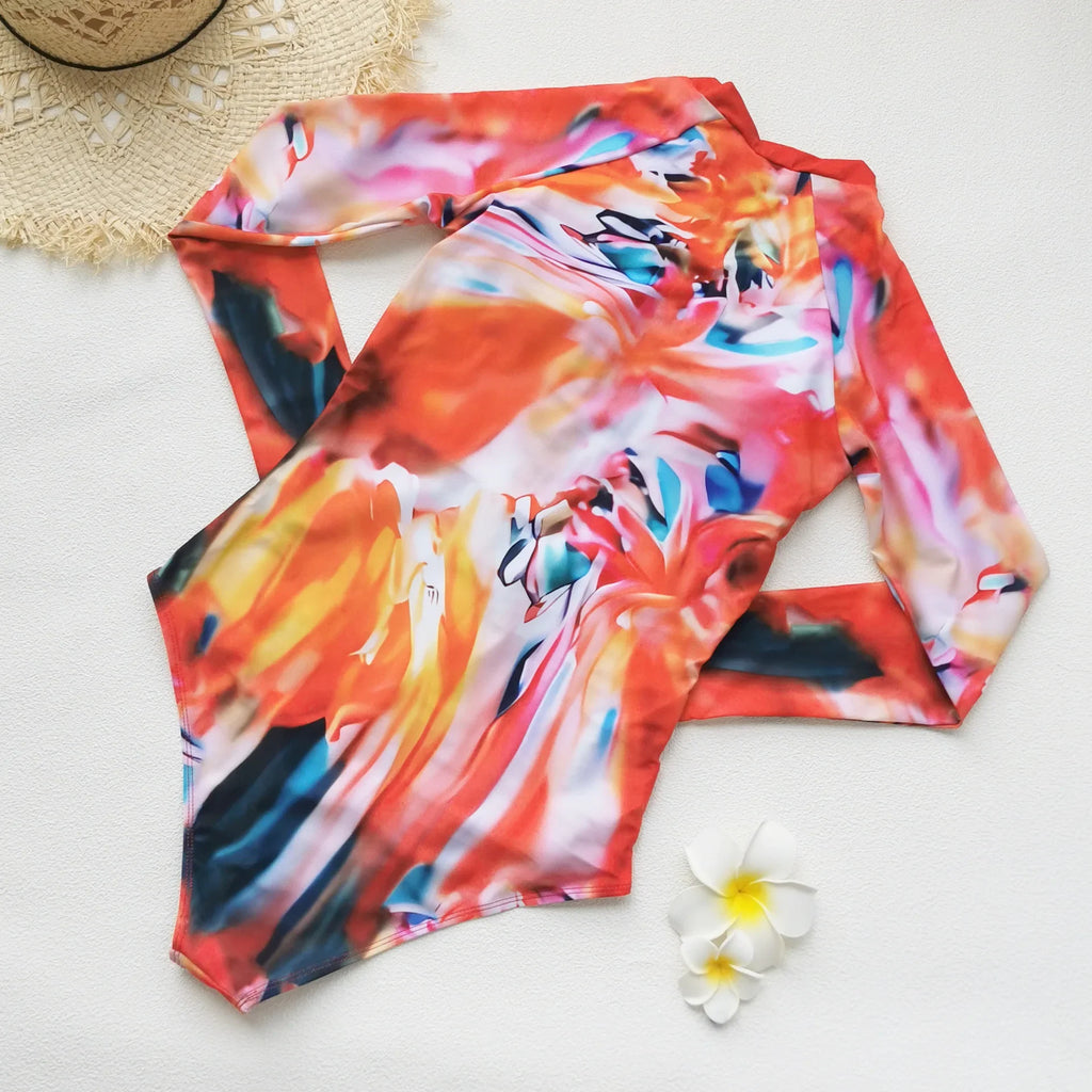 2026 Patchwork One Piece Swimsuit Long Sleeve Swimwear Women Bathing Suit Retro Zipper Swimsuit One Piece Surfing Swim Wear