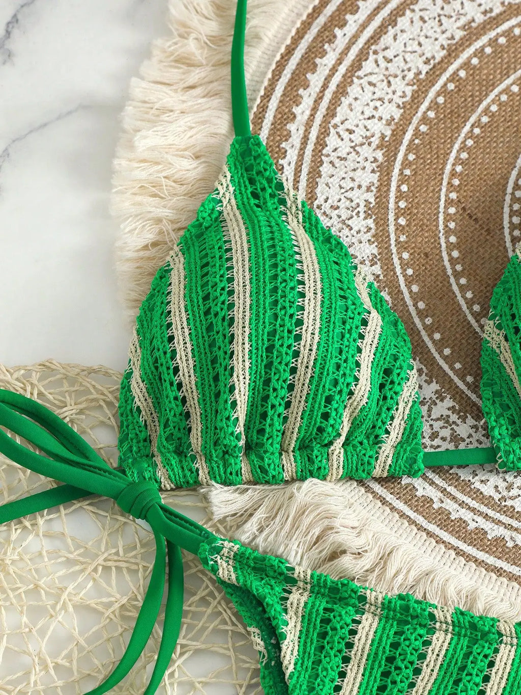 New Retro 3 Pieces Knitted Mesh String Bikini Set Swimsuit Women Blue Striped Swimwear with Shorts Beach Wear Boho Bathing Suit