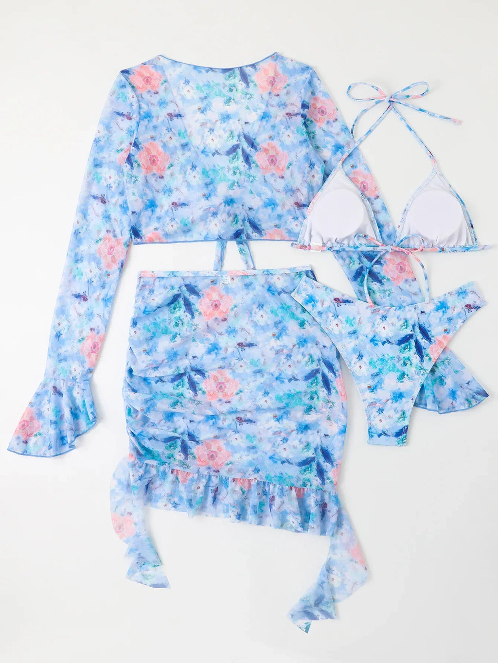 Sexy Floral Print Ruffle Bikini 2026 Women 4 Pack Swimsuit Brazilian Swimwear Female Beachwear Thong Bathing Suit Beach Cover-Up