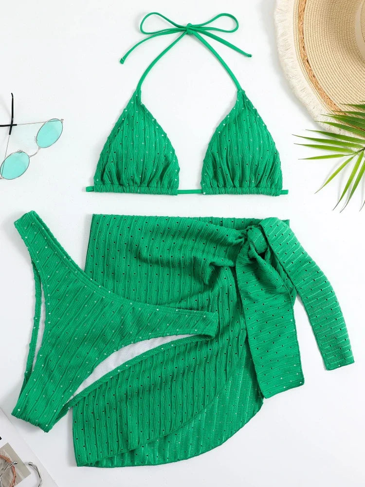 2026 New 3 Pieces Set Swimsuit Women Thong Swimwear Sexy Micro Bikini Set With Sarong Skirt White Beachwear Bathing Suit Pink