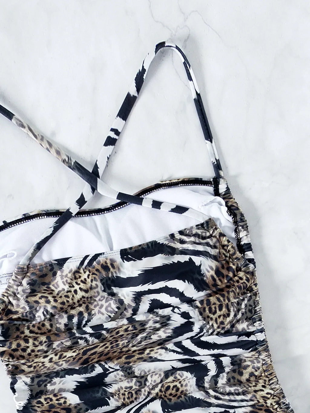 Sexy Leopard Swimwear Women Bandeau One Piece Swimsuit Beach Wear Drawstring Criss Cross Swimming Bathing Suit Bodysuit Monokini