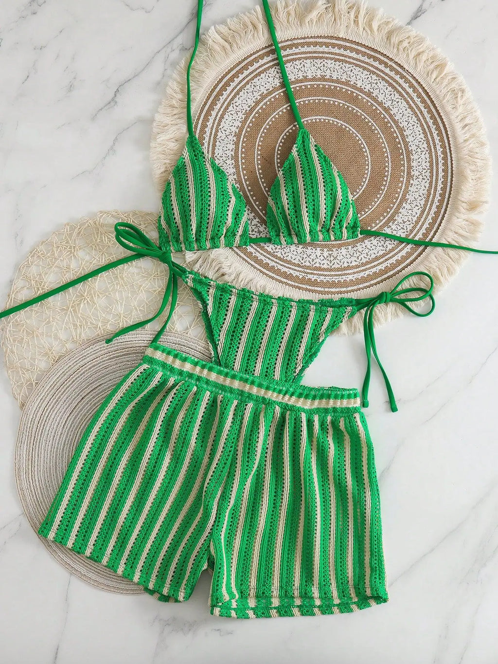 New Retro 3 Pieces Knitted Mesh String Bikini Set Swimsuit Women Blue Striped Swimwear with Shorts Beach Wear Boho Bathing Suit