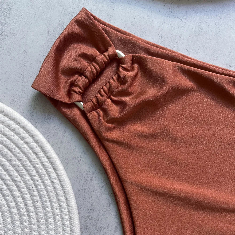 Brown Shiny U Shaped Bikini High Waist Sexy Swimsuit Women 2026 Wrinkled Solid Swimwears Bathing Suit Bandeau Bikinis Sets Mujer