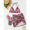 New Leopard 3 Pieces Push Up Bandeau Bikini Set Swimsuit Women Swimwear with Mesh Beach Sarong Skirts Floral Print Bathing Suit