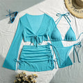 Beige Mesh Halter String Triangle Micro Thong Bikinis Sets 4 Pieces Long Sleeve Cover Ups Sexy Swimsuit Women Holiday Swimwear