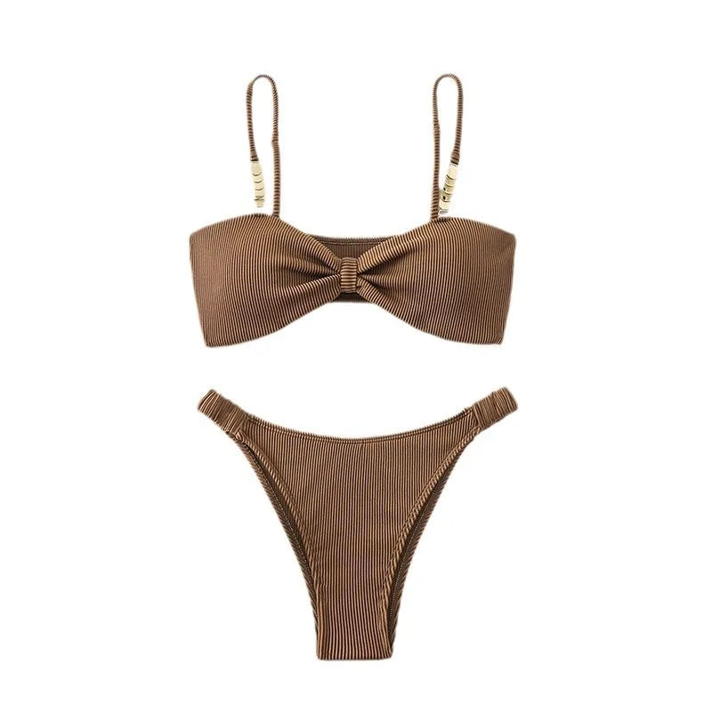 Sexy Micro Bikinis Sets Two Pieces Swimsuit Brown Swimwear Female Thong Brazilian Biquini Bandeau Ribbed Beach Wear Bathing Suit
