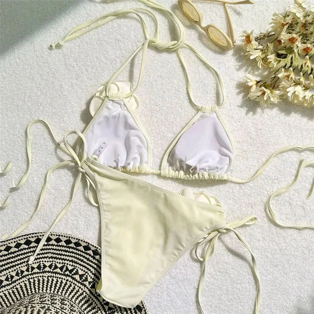 Sexy Flower Bandeau Swimwear Thong Bikini 2026 Women Lace-up Swimsuit Swimming Bathing Suit Brazilian Bikinis Sets Mujer Biquini