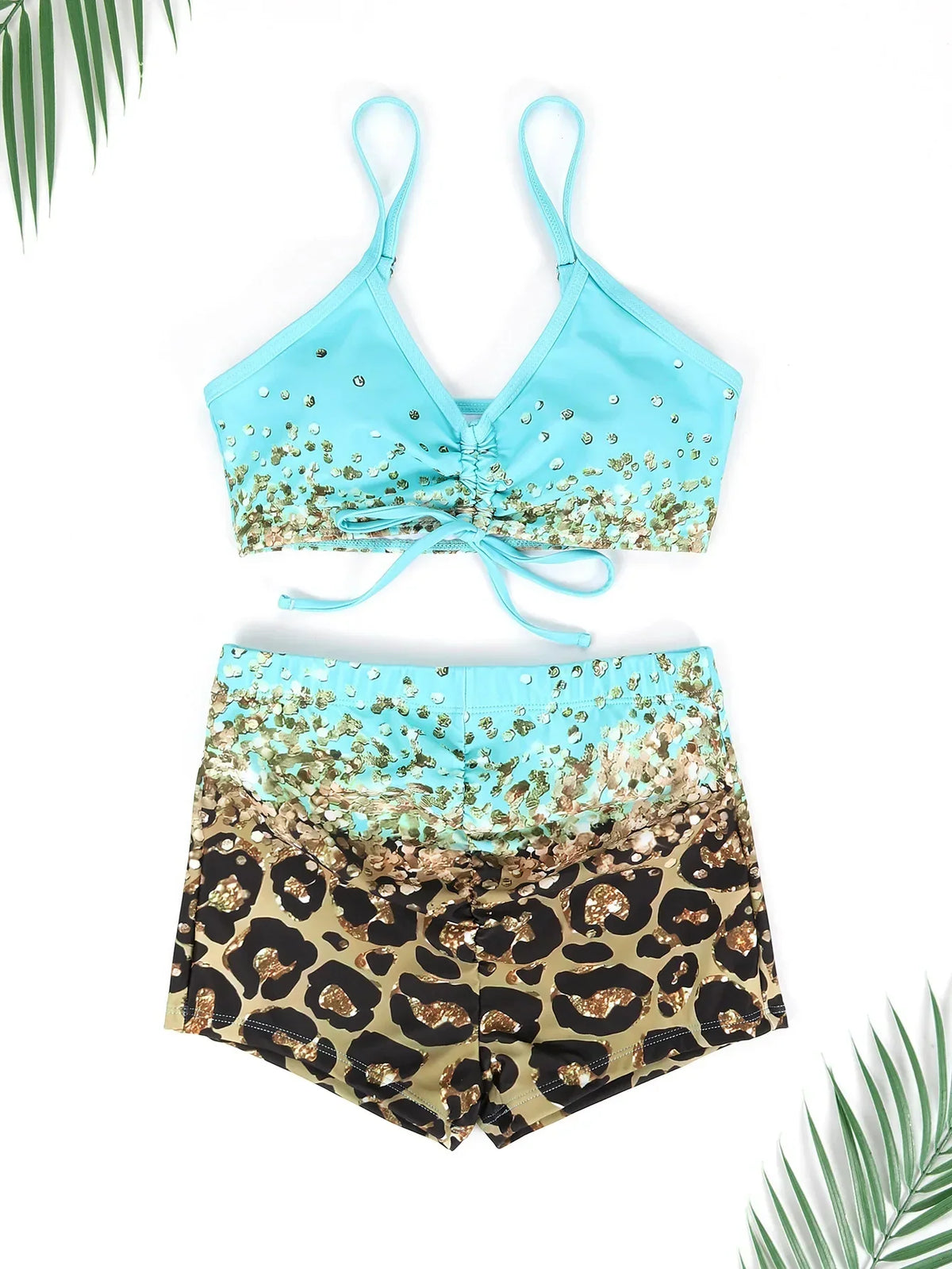 Women Bathing Suit  Print Leopard Bikinis 3 Pieces Swimsuit Kimono High Waist Bikini Shorts Long Sleeve Beach Cover Up Swimwear