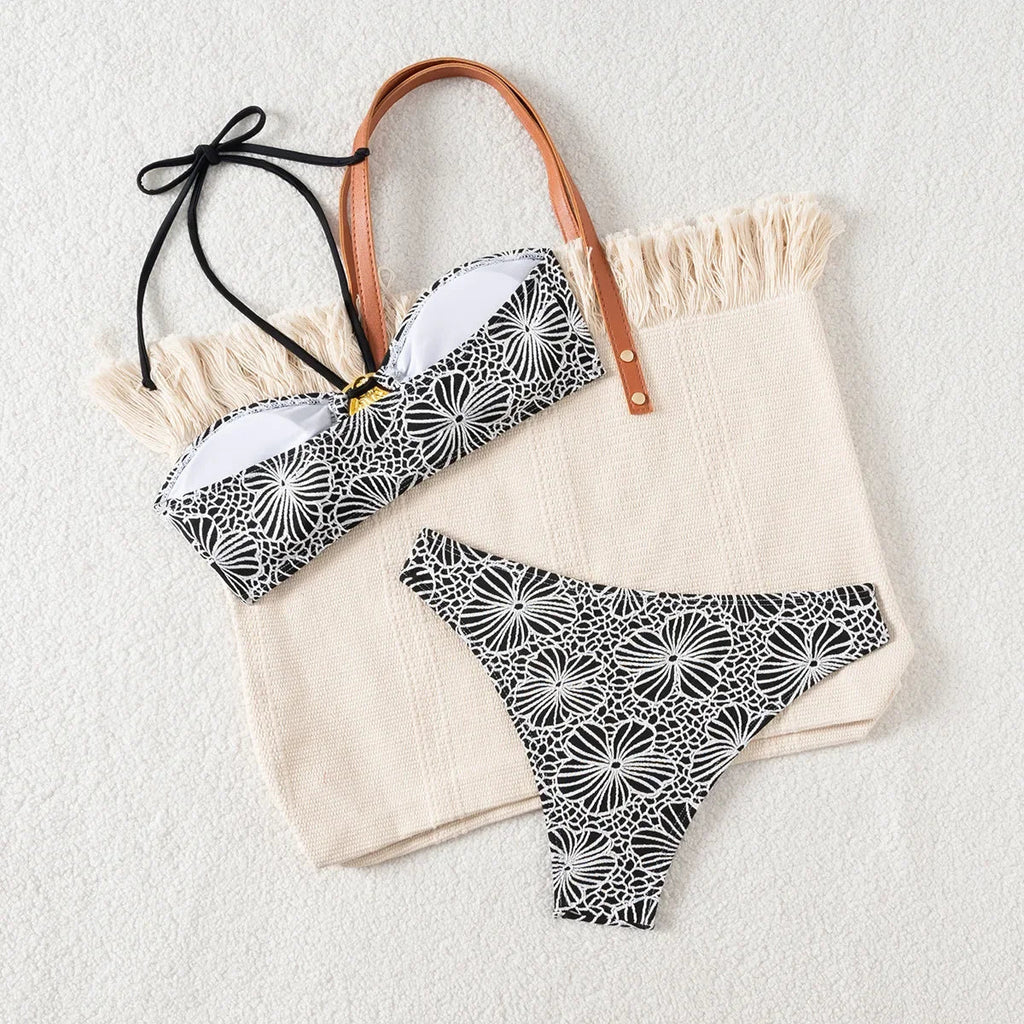 Bandeau Swimsuit Blue Thong Bikinis Women Sexy Print Halter Swimwear Female Padded Bathers Bathing Swim Suit Beach Wear Summer