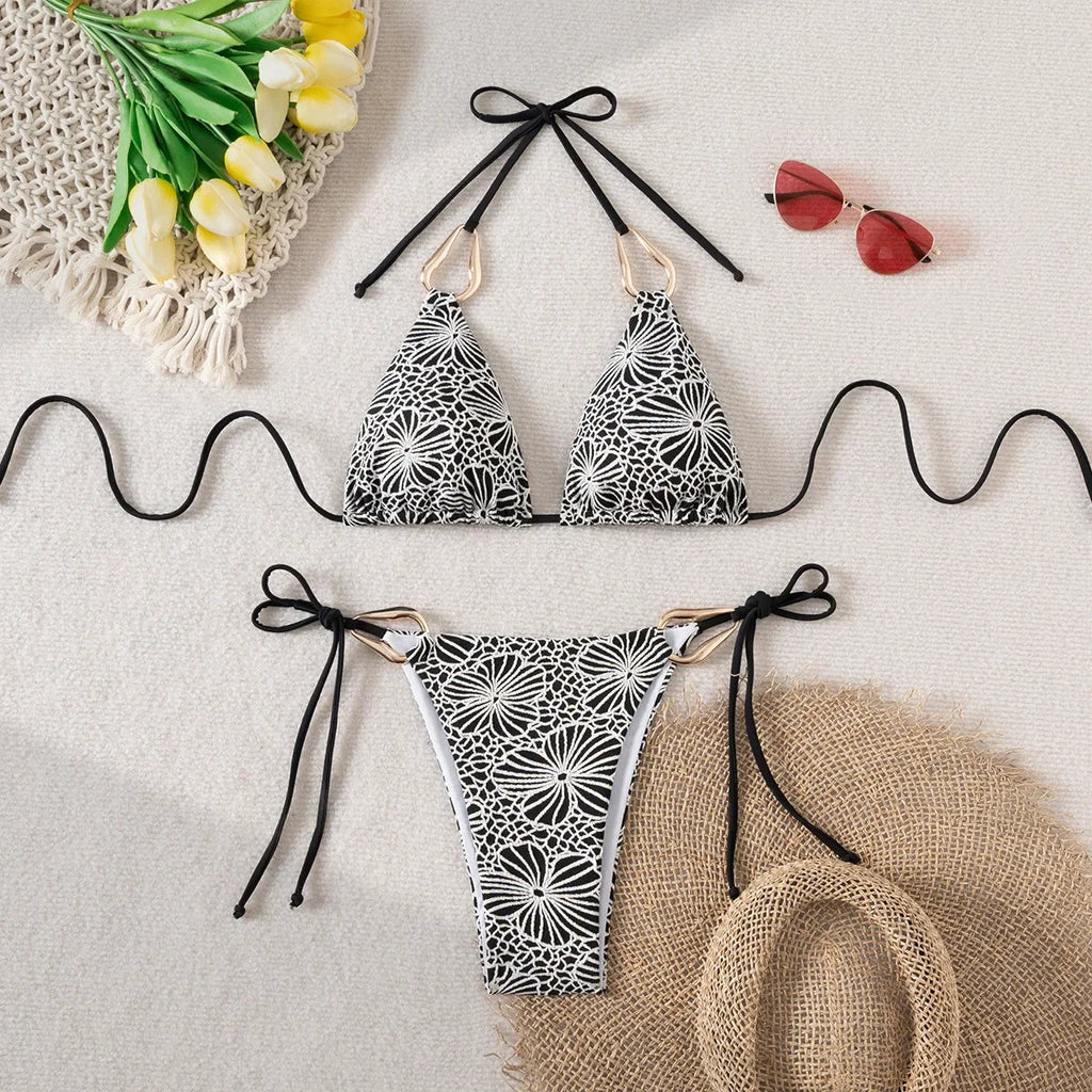 Triangle Bikini String Women Two Pieces Swimsuit Female Swimwear Halter Bikinis Set Blue Black Beachwear Padded Bathing Suit