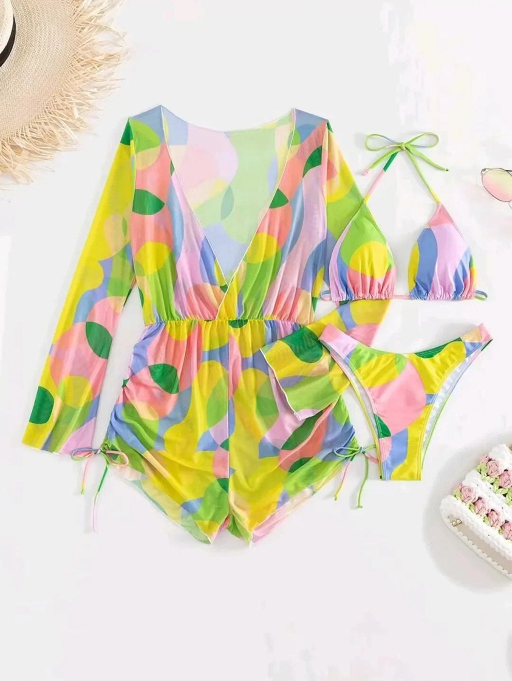 2024 New Swimsuit 3 Pcs Set Thong Bikini with Rompers Womens Jumpsuit Beach Wear Print Swimwear Sexy Bathing Suit Pool Beachwear