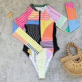 2026 Patchwork One Piece Swimsuit Long Sleeve Swimwear Women Bathing Suit Retro Sport Swimsuit One Piece Surfing Swim Wear