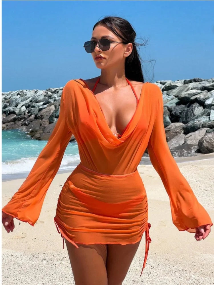 2024 Red 3 Pieces Set Swimsuit Women Thong Swimwear Sexy Matching Bikini Set Long Sleeve Dress Cover Up Beachwear Bathing Suit