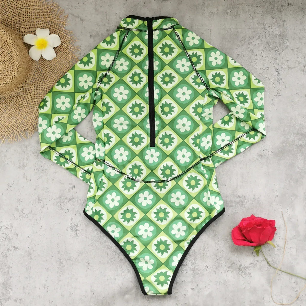 2026 Print One Piece Swimsuit Long Sleeve Swimwear Women Bathing Suit Vintage Zipper Swimsuit One Piece Surfing Swim Wear