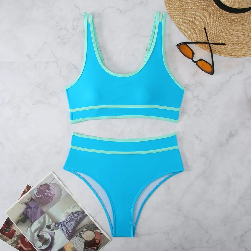 Women's High Waisted Bikini Sets 2026 Sporty Two Piece Swimsuits Color Block Cheeky High Cut Bathing Suits Summer Biquini Black