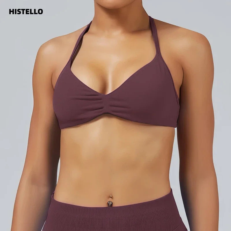 HISTELLO Impact Strappy Bra Gym Top Women High Support Thin Strap Halter Sports Seamless Bras Scrunch Push-up Workout Yoga Tanks