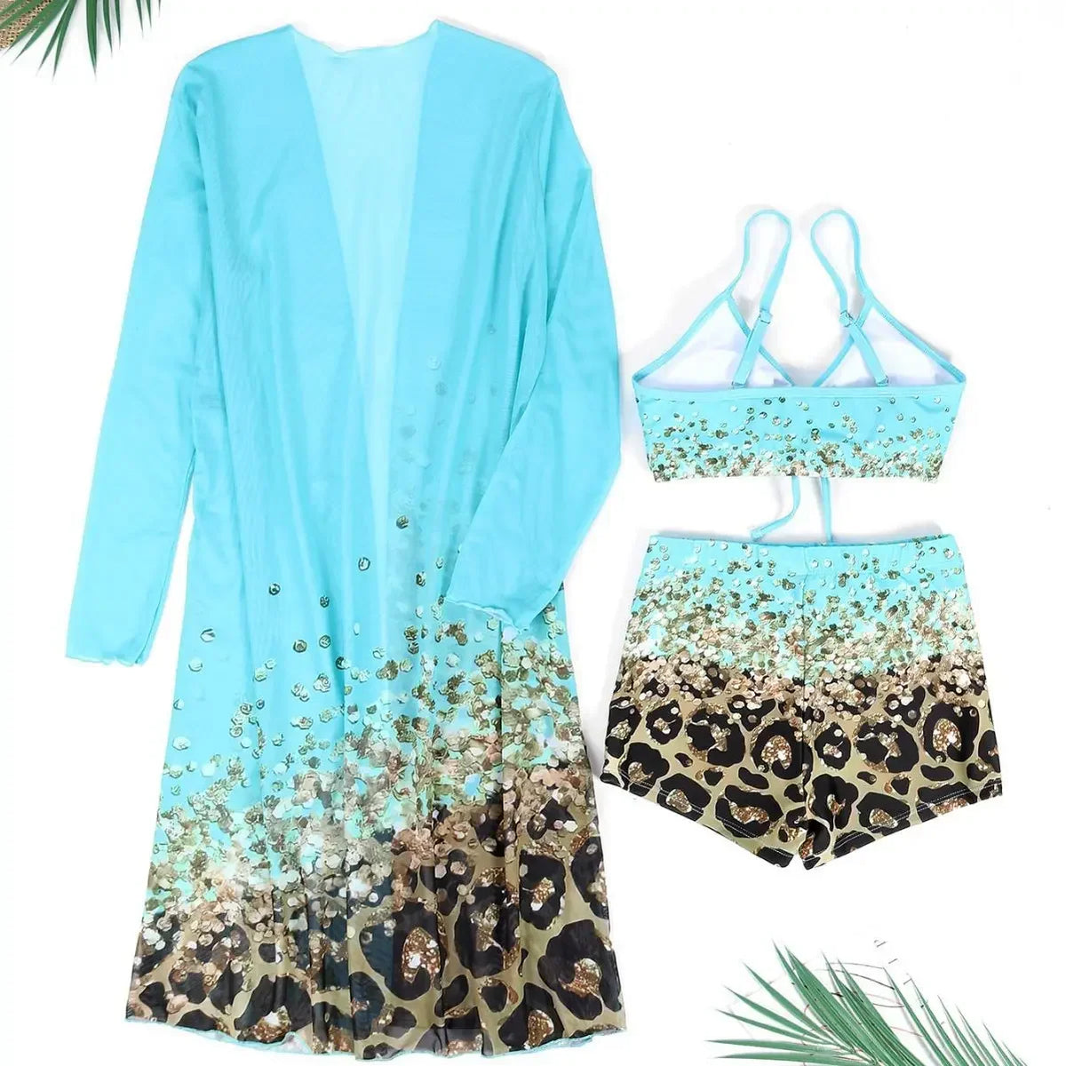Women Bathing Suit  Print Leopard Bikinis 3 Pieces Swimsuit Kimono High Waist Bikini Shorts Long Sleeve Beach Cover Up Swimwear