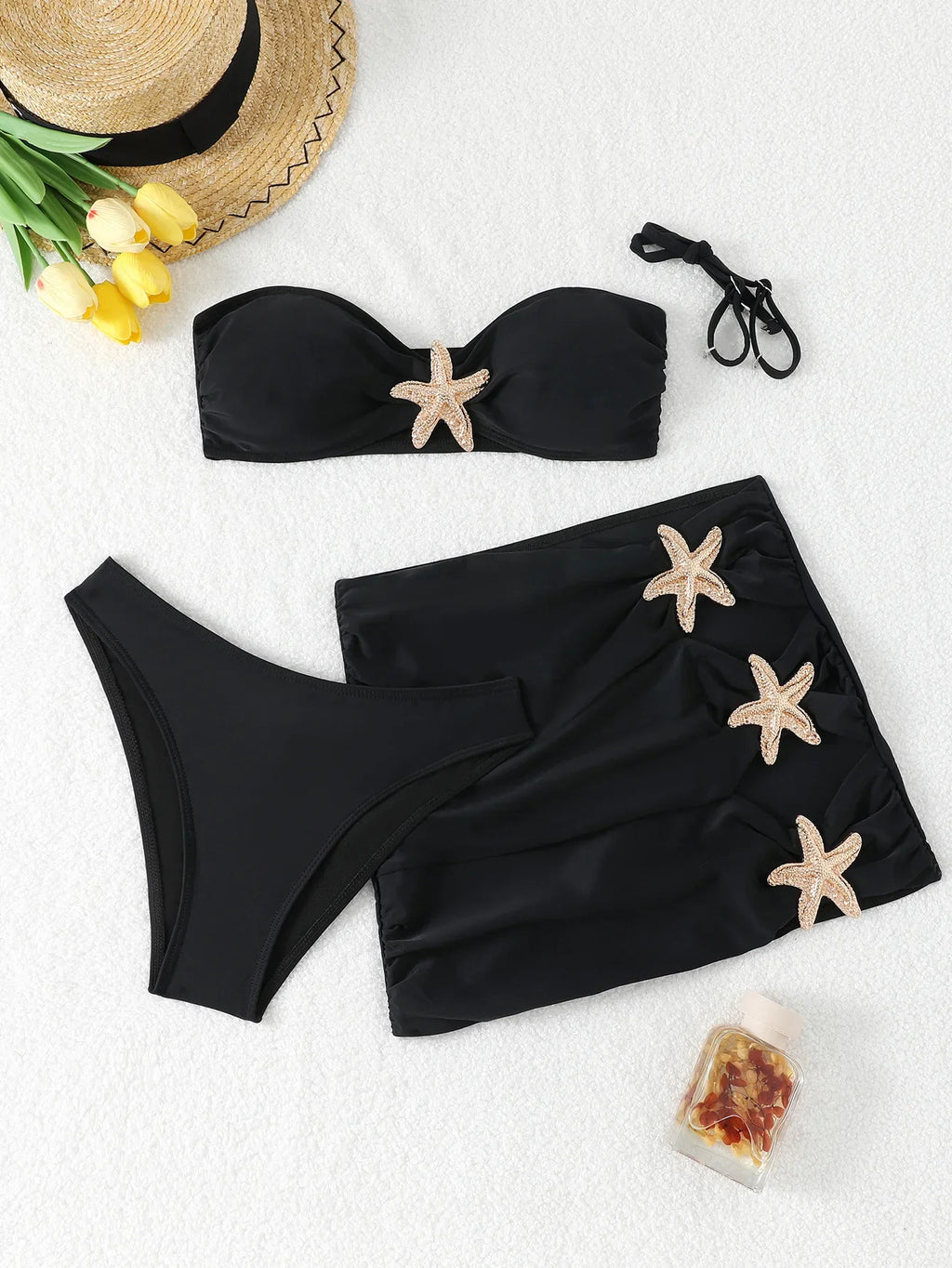 New White 3 Pieces Starfish Bandeau Bikini Set Swimsuit Women Swimwear with Sarong Skirts Dress Beach Wear Cut Out Bathing Suit