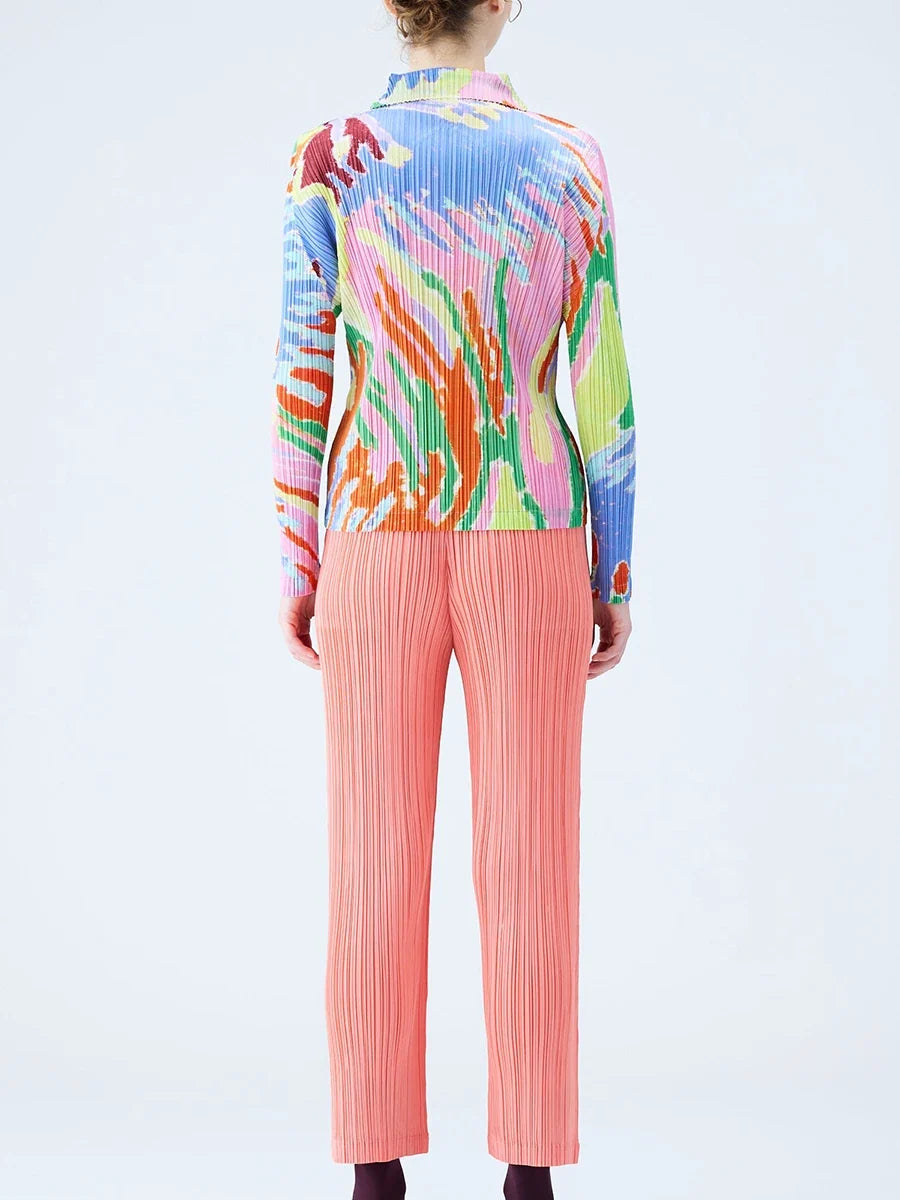Women's Pleated Print Long Sleeve Polo Shirt