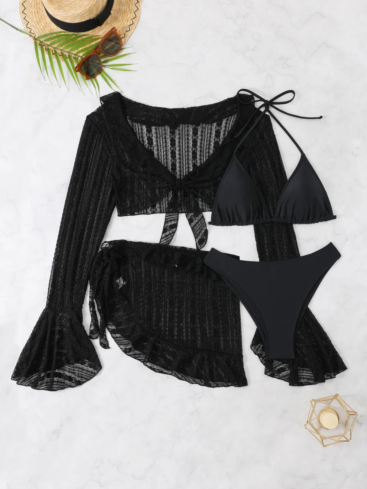 2025 4 Pieces Swimsuit with Skirt Female Swimwear Long-sleeved Cover Up Thong Bikinis Set Bather Swimming Beachwear Bathing Suit