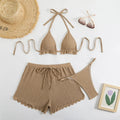 Sexy Purple Thong Bikini with Shorts Women Three Pieces Swimsuit Brazilian Swimwear Female Beachwear Halter Bathing Suit Outfit