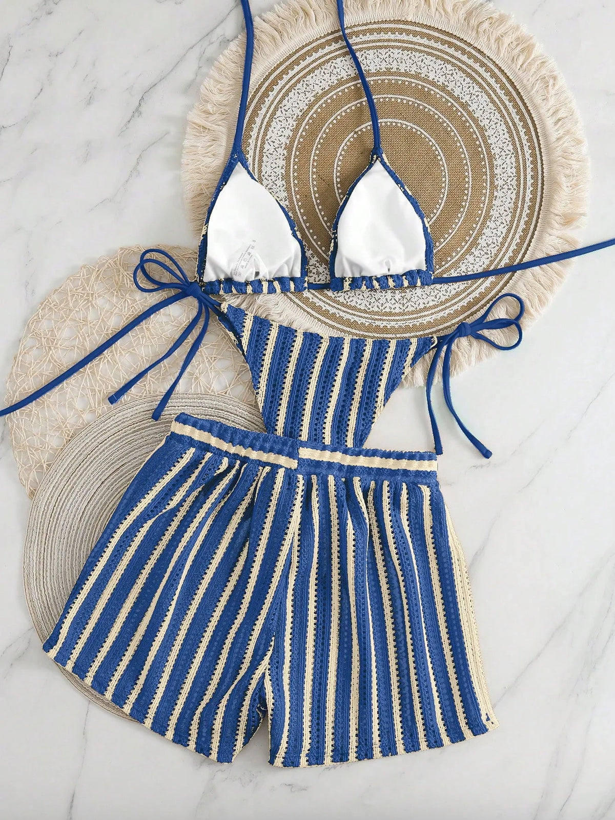 New Retro 3 Pieces Knitted Mesh String Bikini Set Swimsuit Women Blue Striped Swimwear with Shorts Beach Wear Boho Bathing Suit