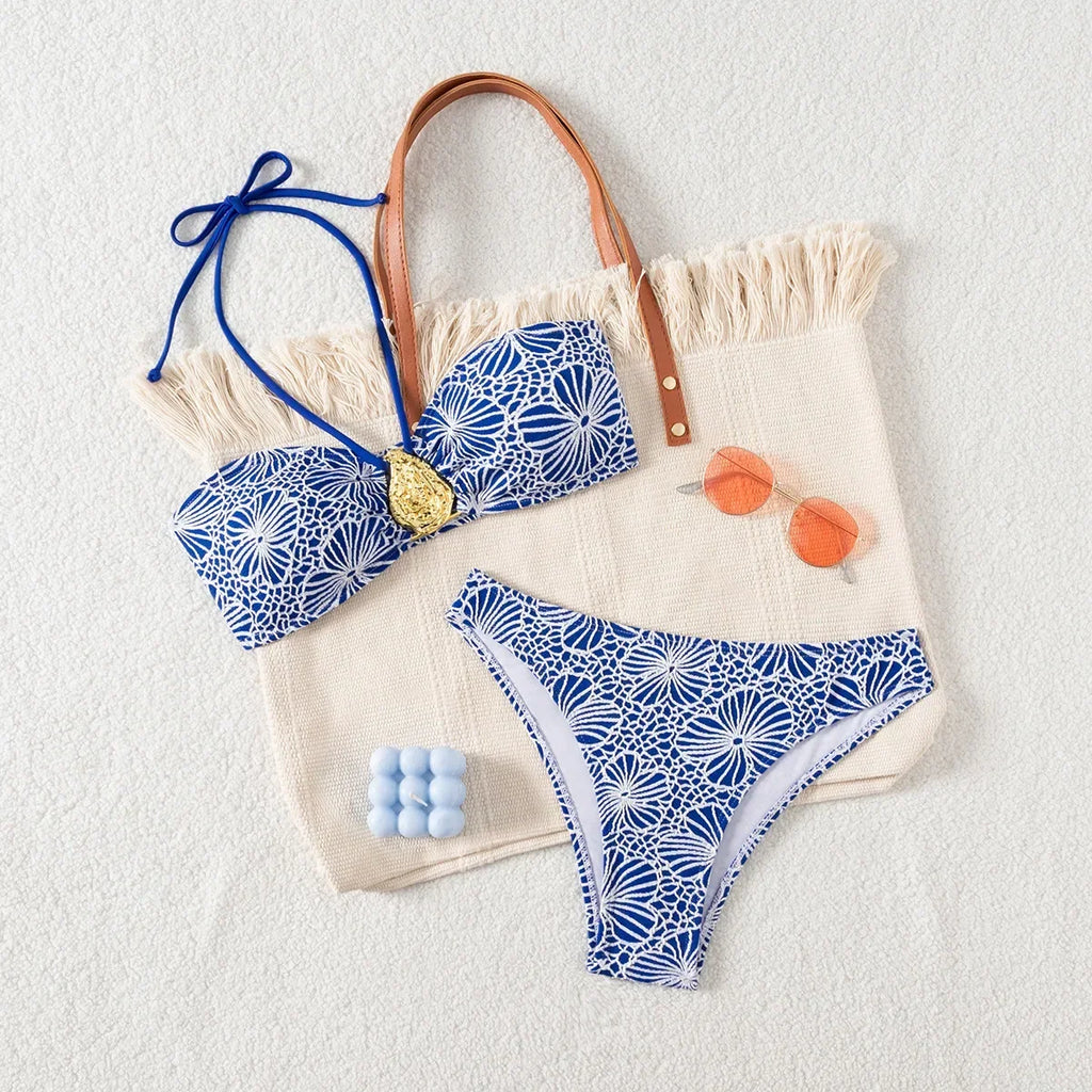 Bandeau Swimsuit Blue Thong Bikinis Women Sexy Print Halter Swimwear Female Padded Bathers Bathing Swim Suit Beach Wear Summer