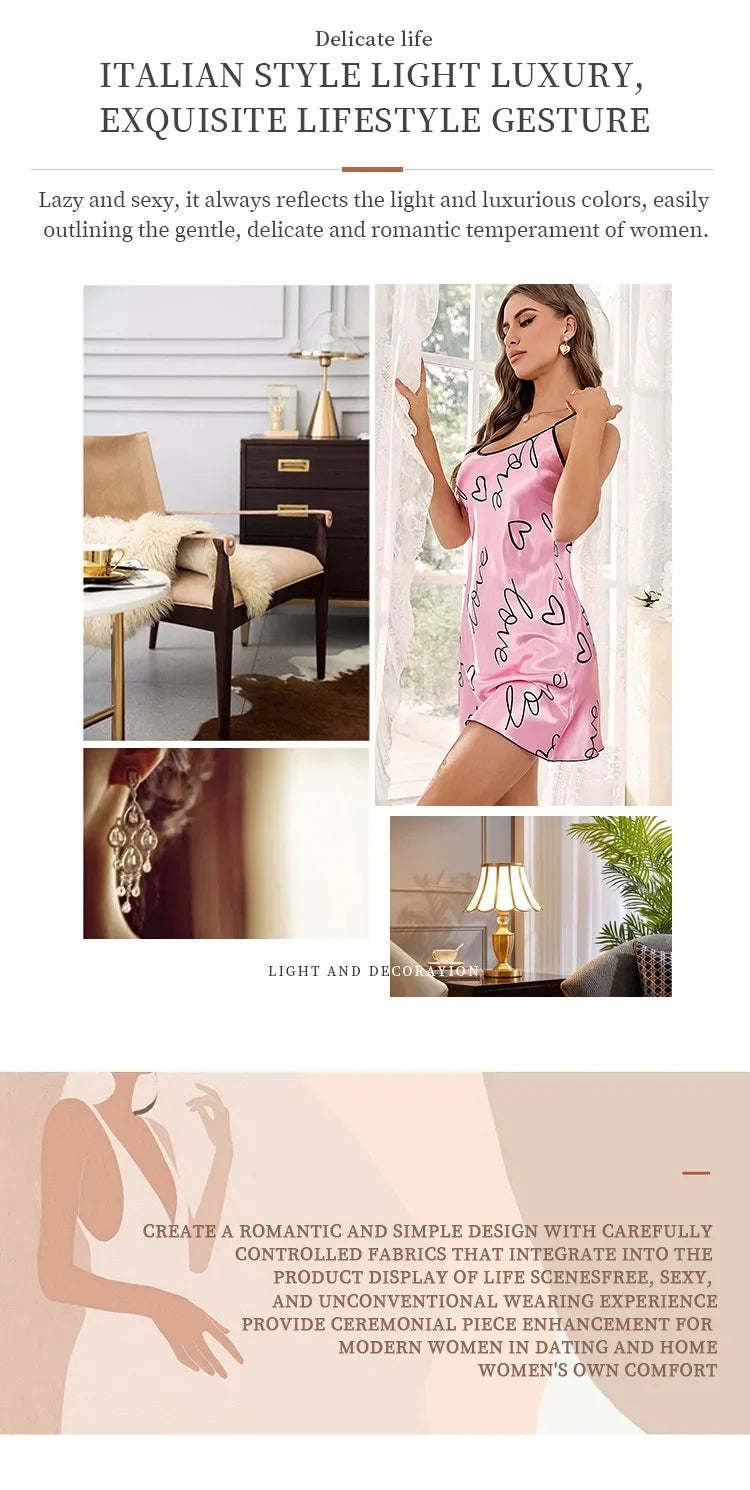 Heart Letter Print Nightdress Casual Round Neck Spaghetti Strap Sleep Dress Women's Sleepwear Dresses
