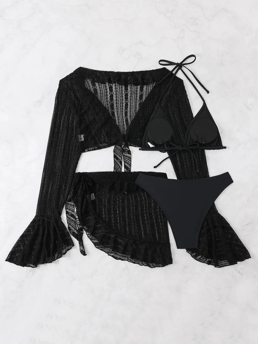2025 4 Pieces Swimsuit with Skirt Female Swimwear Long-sleeved Cover Up Thong Bikinis Set Bather Swimming Beachwear Bathing Suit