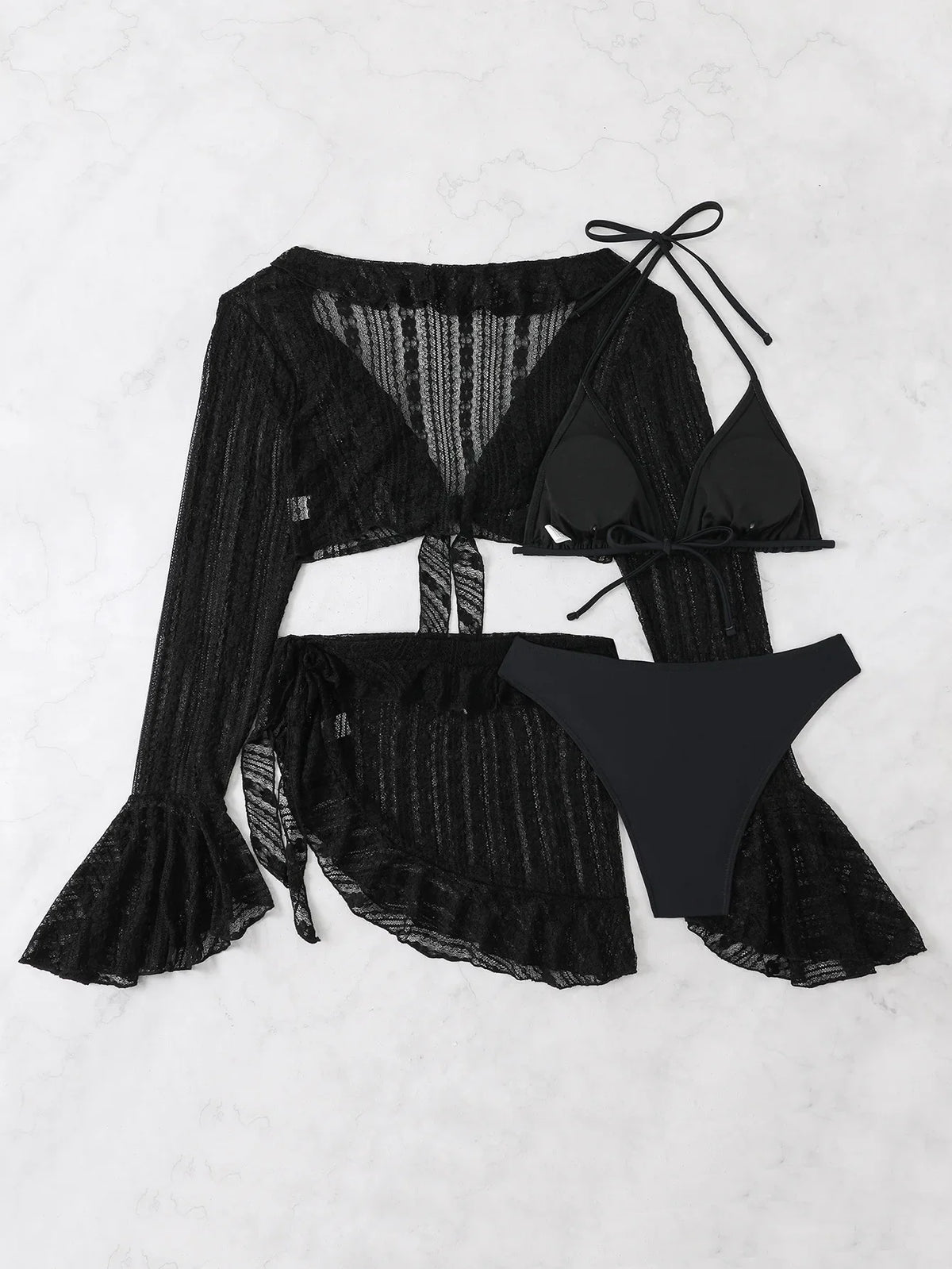 2025 4 Pieces Swimsuit with Skirt Female Swimwear Long-sleeved Cover Up Thong Bikinis Set Bather Swimming Beachwear Bathing Suit