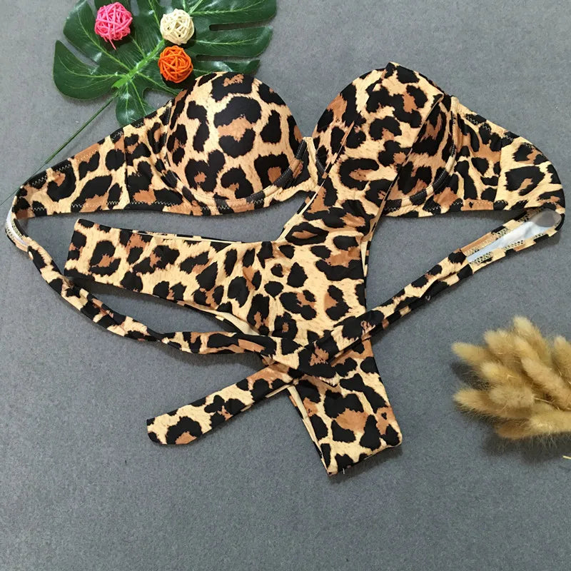 Sexy Leopard Bikini 2023 Push Up Bandeau Swimsuit Female Swimwear Women Thong Bikinis Set Bather Beachwear Bathing Suit Pool
