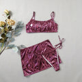 Shiny Pink Micro Thong 3 Piece Bikini Set Damen Women 2026 Sexy Swimsuit with Skirt Cover Up Bandeau Swimwear Beachwear Bikinis