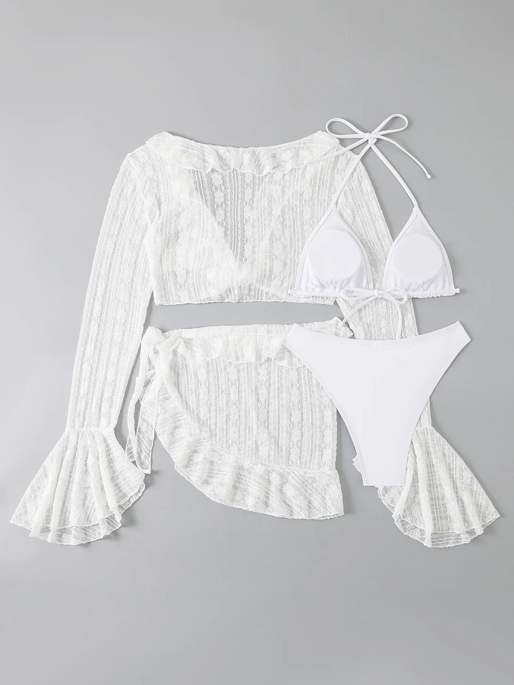 2025 4 Pieces Swimsuit with Skirt Female Swimwear Long-sleeved Cover Up Thong Bikinis Set Bather Swimming Beachwear Bathing Suit