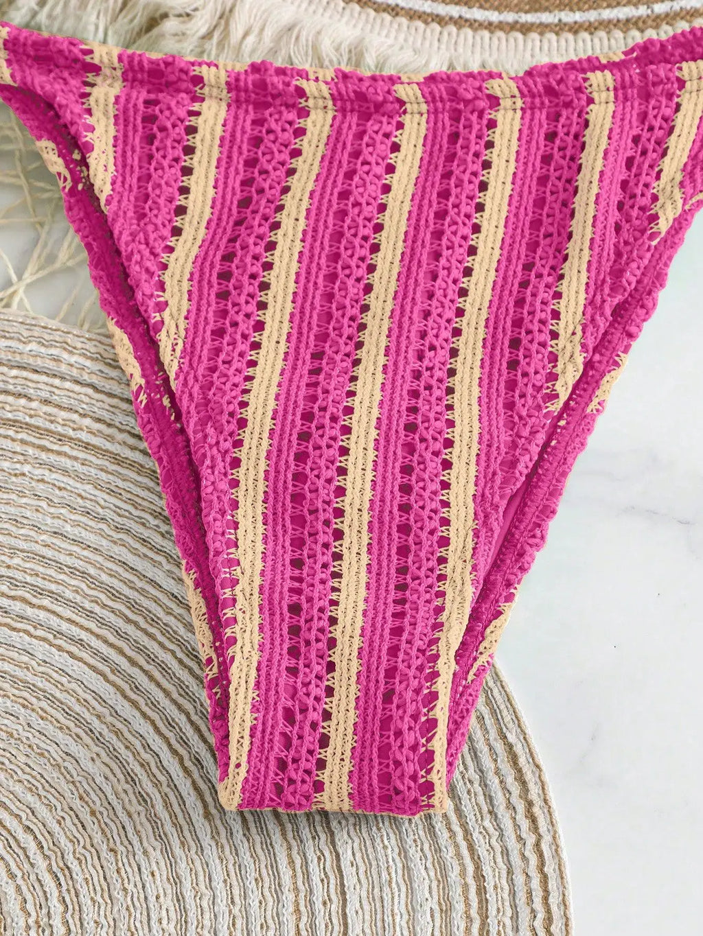 New Retro 3 Pieces Knitted Mesh String Bikini Set Swimsuit Women Blue Striped Swimwear with Shorts Beach Wear Boho Bathing Suit