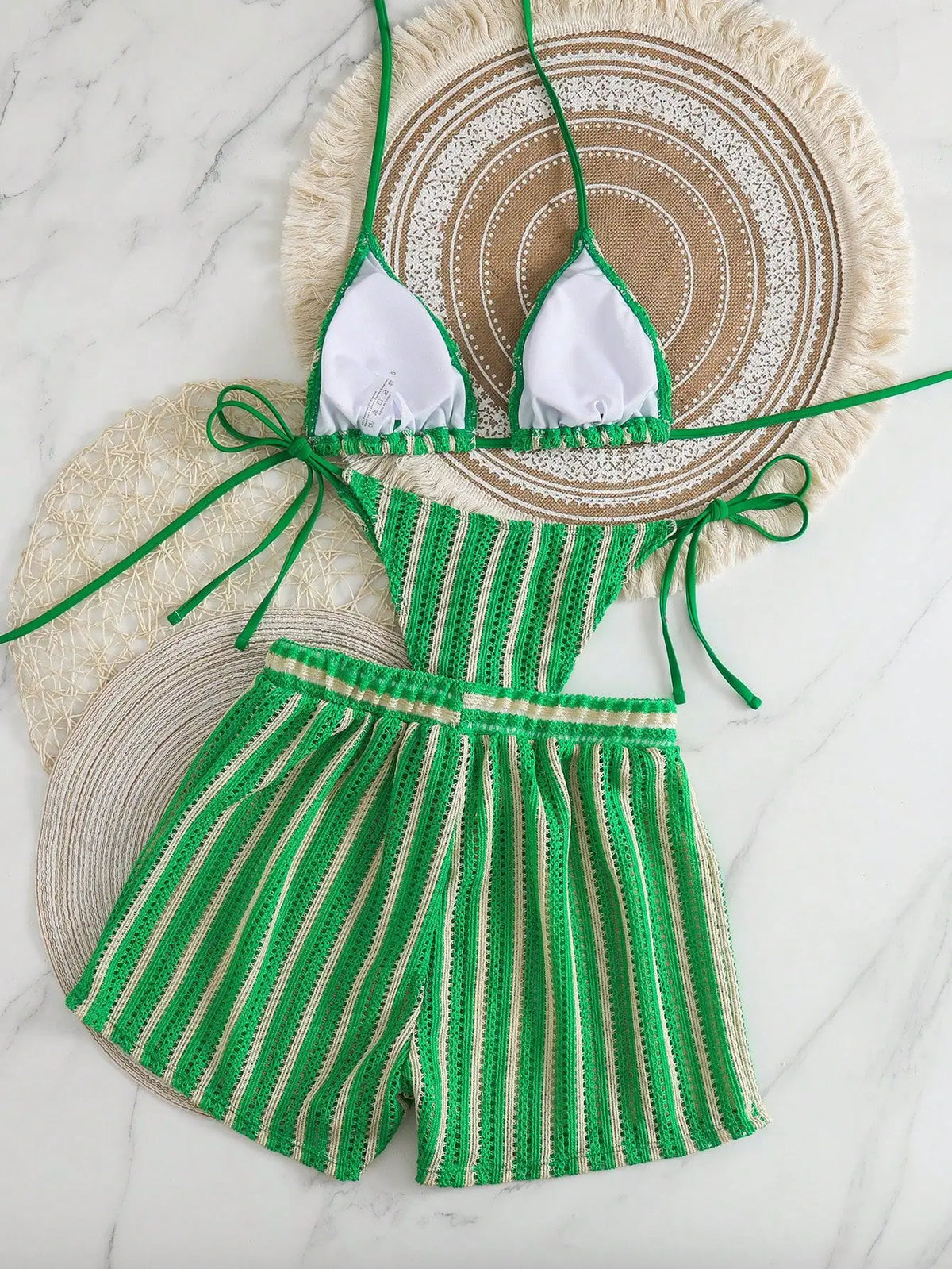 New Retro 3 Pieces Knitted Mesh String Bikini Set Swimsuit Women Blue Striped Swimwear with Shorts Beach Wear Boho Bathing Suit